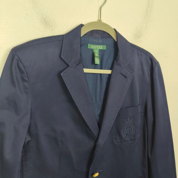 Vintage 90s Lauren Ralph Lauren Blazer Mens Medium Navy Blue Logo Emblem Preppy - Picture 2 of 9